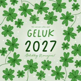 Nieuwjaarskaartje groen klavertjes vier veel geluk in 2027
