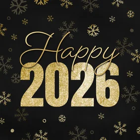 Nieuwjaarskaartje happy 2026 met sneeuwvlokjes goud