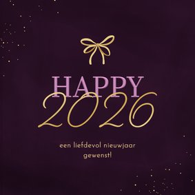 Nieuwjaarskaartje happy 2026 met strikje paars