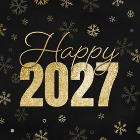 Nieuwjaarskaartje happy 2027 met sneeuwvlokjes goud