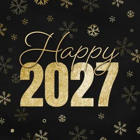 Nieuwjaarskaartje happy 2027 met sneeuwvlokjes goud