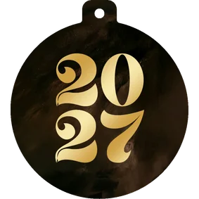 Nieuwjaarskaartje kerstbalvorm 2027 goud waterverf bruin