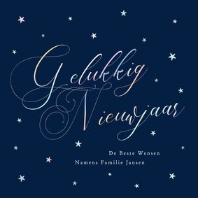 Nieuwjaarskaartje vintage typografie en sterren holografisch