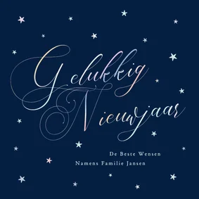 Nieuwjaarskaartje vintage typografie en sterren holografisch