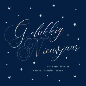Nieuwjaarskaartje vintage typografie en sterren holografisch