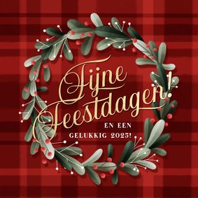 Nostalgisch kerstkaartje kerstkrans en ruitjes achtergrond