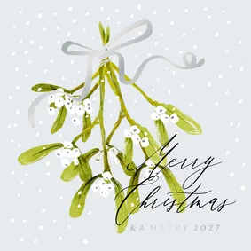 Nostalgische kerstkaart mistletoe strik zilver(folie) sneeuw