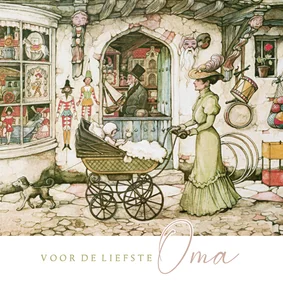 Nostalgische moederdagkaart met ouderwetse kinderwagen