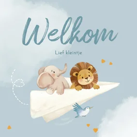 Olifant en leeuw op papieren vliegtuigje