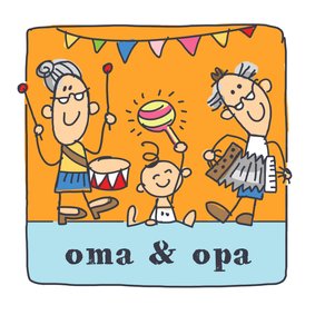 Oma en opa felicitatiekaart met kleinkind en muziek