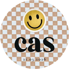 Origineel geboortekaartje cirkel blokjespatroon smiley patch