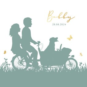 Origineel geboortekaartje silhouet bakfiets met hond en baby