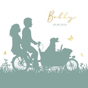 Origineel geboortekaartje silhouet bakfiets met hond en baby