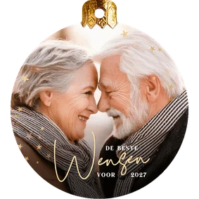 Originele nieuwjaarskaart met eigen foto in kerstbal vorm