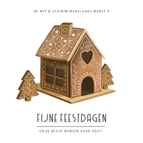 Originele zakelijke kerstkaart woonbranche met peperkoekhuis