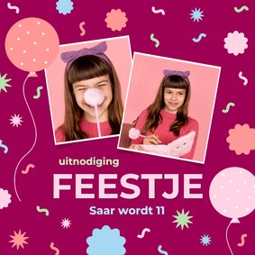 Paarse kinderfeestje uitnodiging fotokaart met confetti