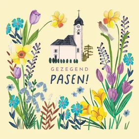 Paaskaart bloemen kerk illustratie gezegend