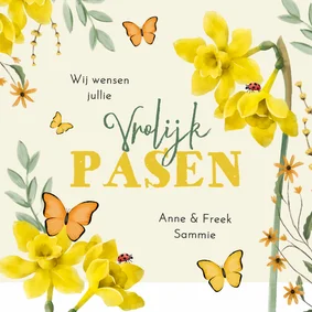 Paaskaart bloemen narcissen vlinders lieveheersbeestjes