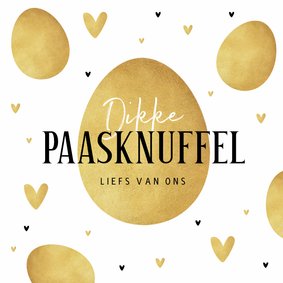 Paaskaart dikke paasknuffel goud eieren stijlvol hartjes