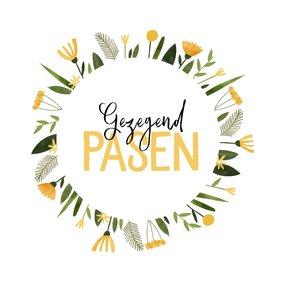 Paaskaart gezegend pasen gele bloemenkrans
