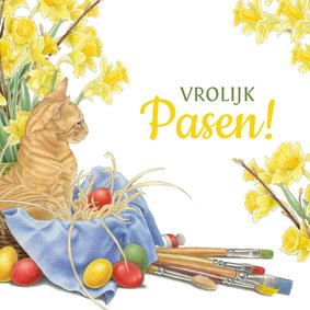 Paaskaart met kat, narcissen, paaseieren en kwasten