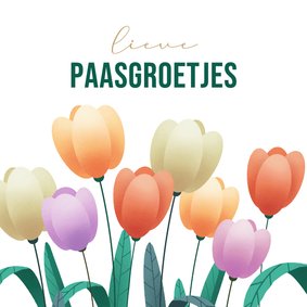 Paaskaart met kleurrijke tulpen