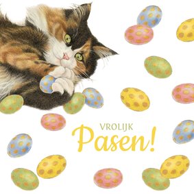 Paaskaart met lieve poes en heel veel paaseitjes