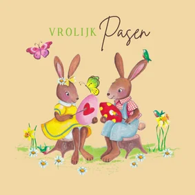 Paaskaart met twee paashaasjes die eiren schilderen