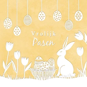 Paaskaart paashaas met mandje eieren