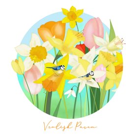 Paaskaart tulpen narcissen en pimpelmeesjes