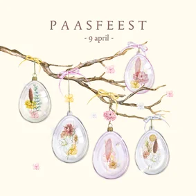 Paaskaart uitnodiging tak glazen eieren droogbloemen