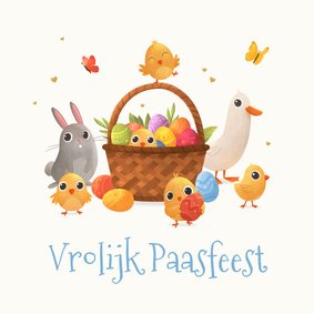 Paaskaart vrolijk paaseieren dieren mand kuikentjes konijn