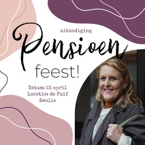 Pensioenfeest uitnodiging abstracte vormen met foto paars