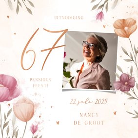 Pensioenfeest waterverf bloemen met foto en koperen hartjes