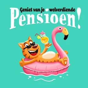 Pensioenkaartje kat relaxt in flamingo zwemband