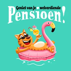 Pensioenkaartje kat relaxt in flamingo zwemband