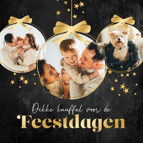 Persoonlijke kerstkaart kerstballen foto goud strik sterren