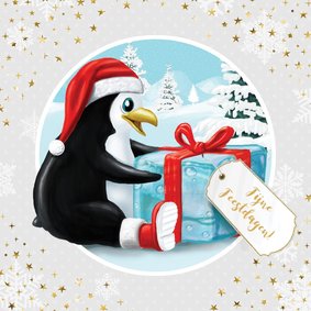 Pinguïn met kerstmuts en ijsblokje