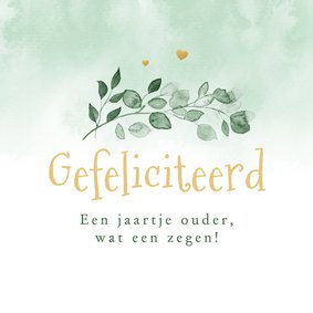 Religie verjaardagskaart waterverf groen takje hartjes