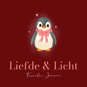 Rode kerstkaart met schattige pinguin met strikje