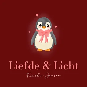 Rode kerstkaart met schattige pinguin met strikje