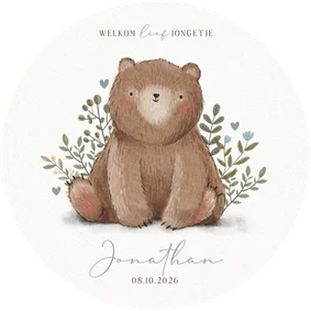 Rond geboortekaartje jongetje met beer plantjes en hartjes