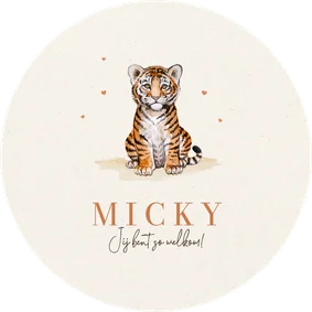 Rond geboortekaartje schattig tijger welpje baby unisex