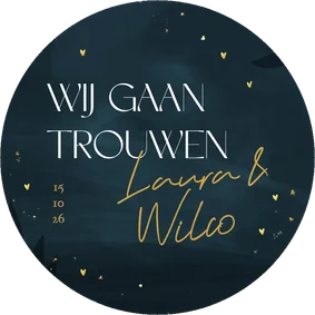 Ronde donkerblauwe trouwkaart met gouden hartjes