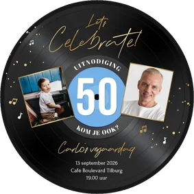 Ronde kaart LP vorm uitnodiging 50 jaar muziek feestje