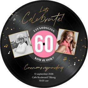 Ronde kaart roze LP vorm uitnodiging 60 jaar muziek feestje