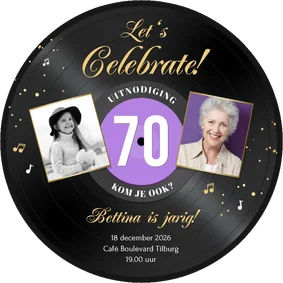 Ronde kaart roze LP vorm uitnodiging 70 jaar muziek feestje