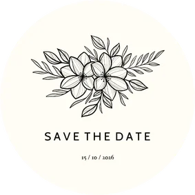 Ronde save the date zwarte lijntekening van bloemen