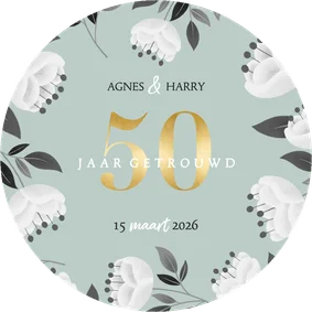 Ronde uitnodiging 50-jarig jubileumfeest witte bloemen