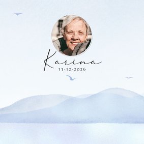 Rouwkaart aquarel landschappelijk met zee bergen en vogels